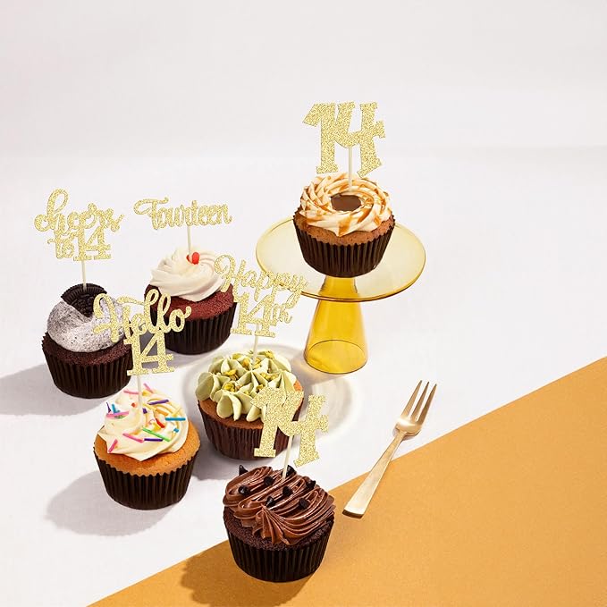 30Pcs 14th Birthday Cupcake Toppers Hello 14 Cupcake Picks Fourteen Cheers to 14 Years Old Cake Decorations for 14th Birthday Anniversary Party Supplies Gold Glitter