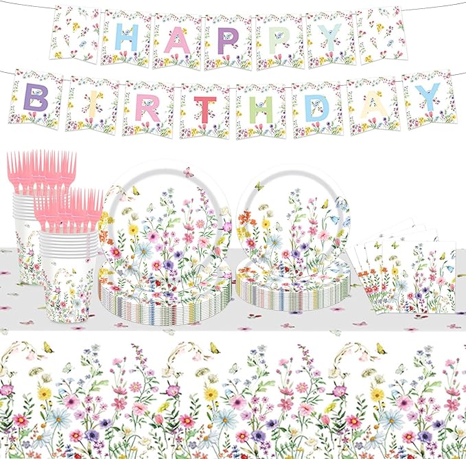 82PCS Spring Floral Party Supplies: Pink & White Floral Dinnerware Set with 16pcs Plates, Napkins, Cups & Forks, 'HAPPY BIRTHDAY' Banner, Tablecloth for Birthday Parties