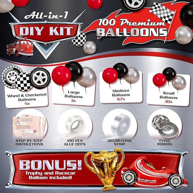 ALL-IN-1 Race Car Balloon Arch Kit with BONUS Trophy & Number 2 - Cars Balloon Garland Kit for Lightning McQueen Cars 2 Birthday Party Supplies & Hot Wheels Balloons RaceCars Decorations