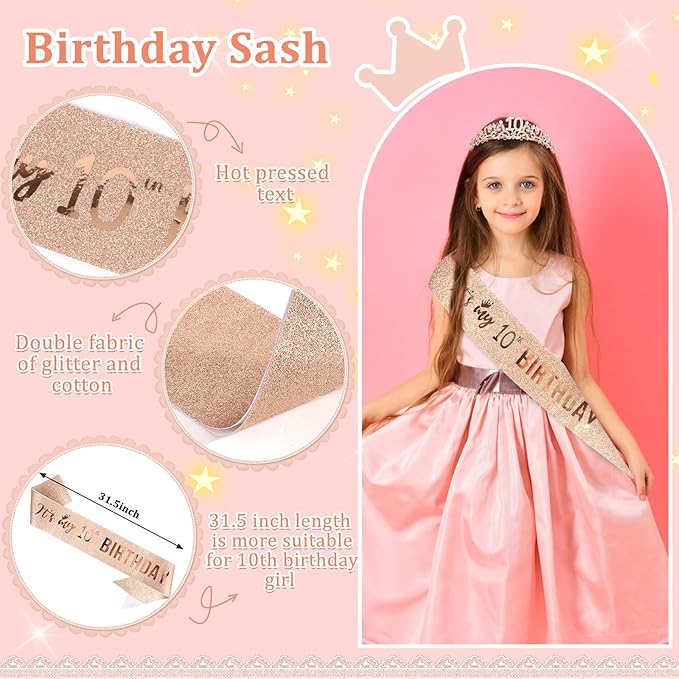 Semato 10th Birthday Decorations for Girl Sash and Crown Kit Rose Gold 10th Birthday Gifts for Girls Party Supplies