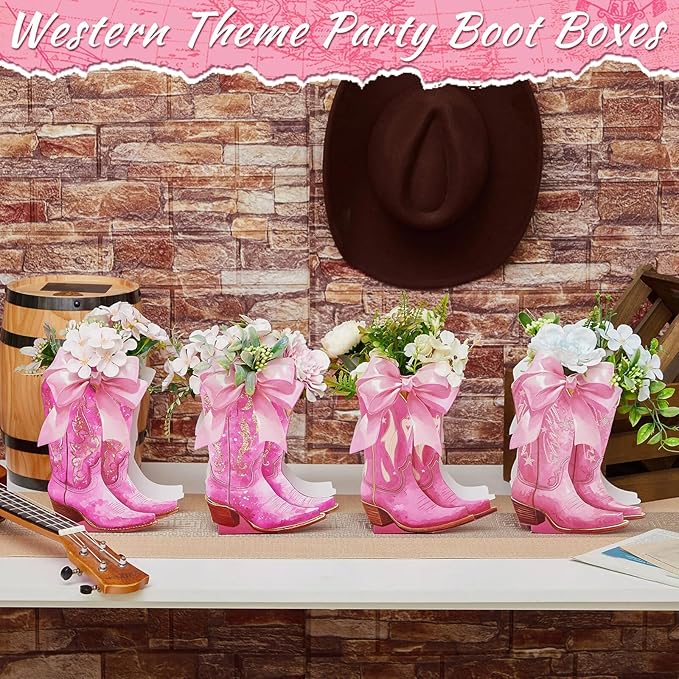 12 Set Pink Western Cowgirl Bow Boots Flower Boxes Centerpiece Boot Shape Gift Boxes Western Party Decoration Vase Centerpiece for Table Boots for Rodeo Birthday Baby Shower Wedding Supplies