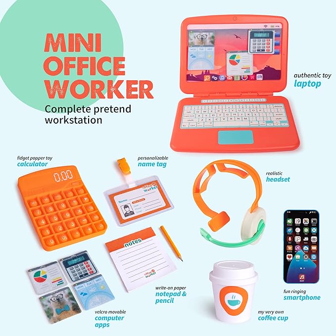 Born Toys Pretend Play Home Office Set for Ages 3-7 - Includes Toy Laptop, Phone, Calculator, Pop It & Headset