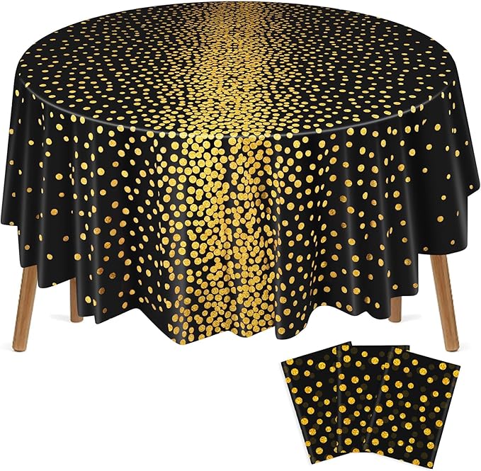 VitalCozy Round Dot Tablecloth 84 Inch Plastic Table Cover Polka Dot Confetti Tablecloths for Easter 2026 Graduation Prom Wedding Birthday Spring Party Supplies(Black and Gold,3 Pcs)