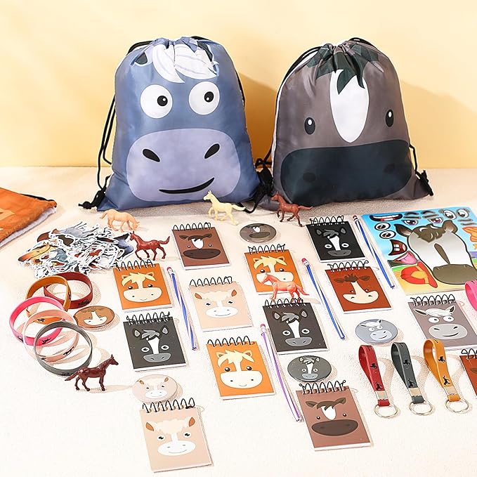 Liliful 114 Pcs Horse Themed Party Favor Supplies with Drawstring Bag Keychain Rubber Wristbands Badges Puzzle Stickers Notepads Soft Pencils Simulated for Horses Party Decoration