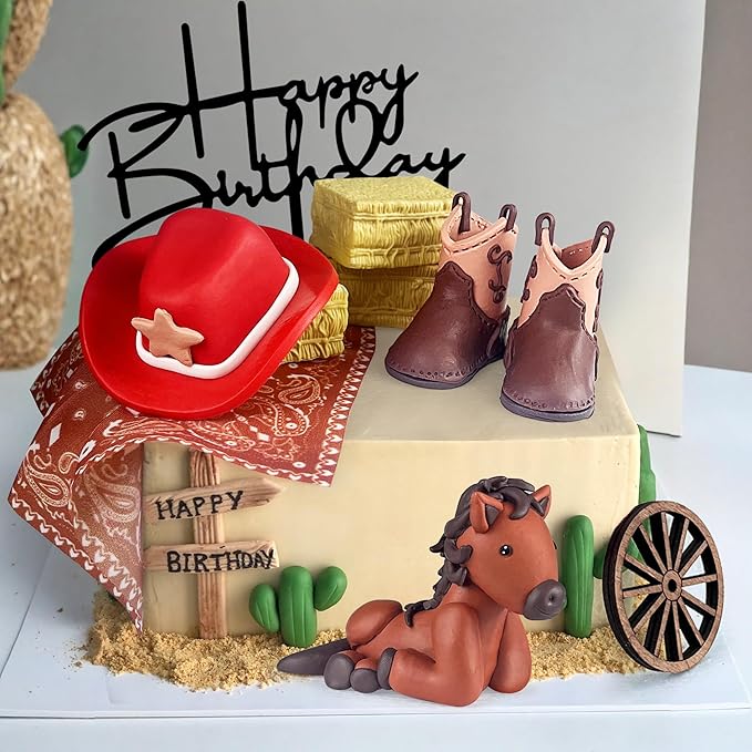 Cowboy Cake Decorations Hat and Boot Horse Cake Toppers for Western Theme Cowboy Cowgirl Birthday Baby Shower Party Favors Supplies