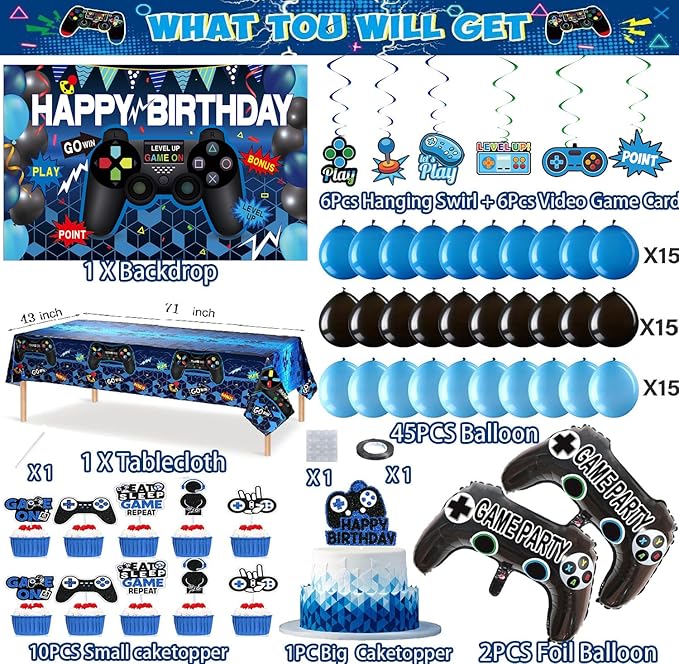 75Piece Video Game Party Decorations Set: Gamer Birthday Supplies with Happy Birthday Backdrop, Table Cover, Hanging Swirls, Cake Toppers, Foil Balloons, Latex Balloons – Perfect Game ON Party!