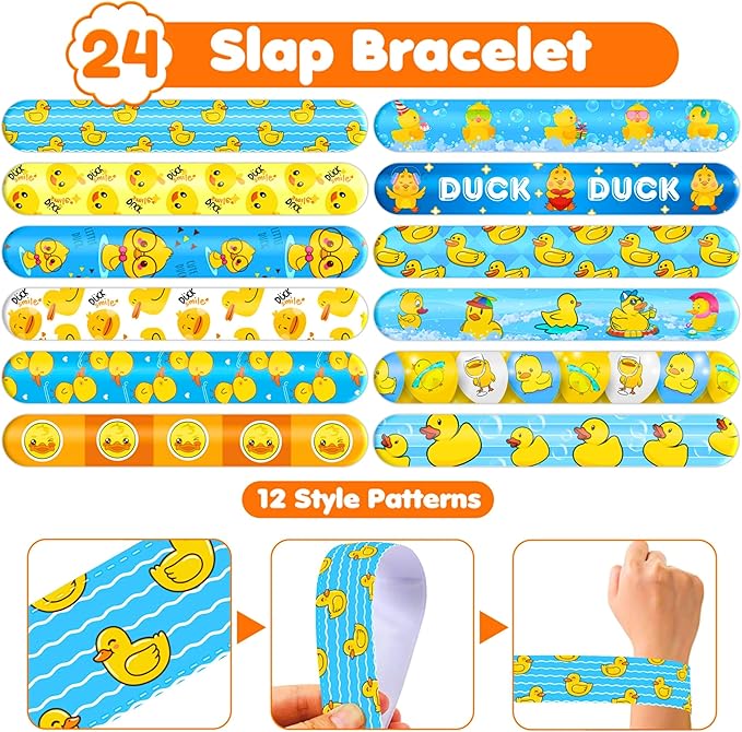 72PCS Duck Party Favors - 48PCS Pre-cut Temporary Tattoos & 24PCS Slap Bracelets - Cute Birthday Party Supplies, Decorations, Baby Shower Gifts, Classroom Prizes, and Rewards for Boys & Girls