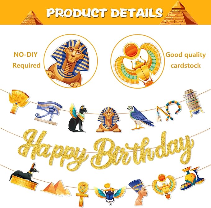 CC HOME 3Pcs Ancient Egyptian Happy Birthday Banner Pharaoh Party Hanging Banner Mythology Theme Birthday Bridal Wedding Baby Shower Boys Girls Kids Home Classroom Party Supplies Decoration