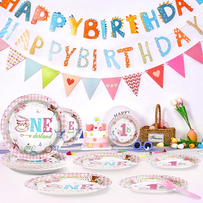 Grencian 96Pcs Onderland First Birthday Party Supplies Onederland 1st Birthday Plates Napkins Forks Disposable Tableware Set for Girls One Year Old birthday Decorations Tea Party Baby Shower Serve 24