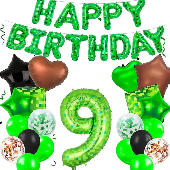 34Pcs Pixel Happy Birthday Party Decorations Set Green Pixel Miner Number 9 Foil Balloon Large Mylar Mining Theme 9th Number Balloons Video Game Party Supplies Cubes Boxes Decor