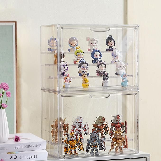 Clear Acrylic Display Case Upgrade 4 Tier Figure Display Cases with 3 Movable Dividers, Stackable Display Box Showcase with Magnetic Door for Collectibles (Large-1pack)