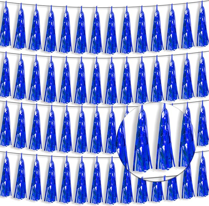 4P Blue Foil Fringe Tassel Banner Garland Metallic Tinsel Streamers Wall Hanging Curtain Backdrop Banner for Parade Floats, 2024 Graduation Decorations, Retirement Party Decoration