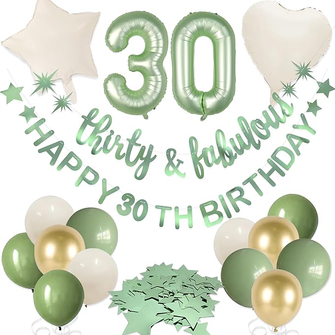 Sage Green Thirty & Fabulous Happy 30th Birthday Banner Garland Foil Balloon 30 for Womens 30th Birthday Decorations 30 and Fabulous Cheers to 30 Years Old Dirty Thirty Party Decor Supplies Backdrop