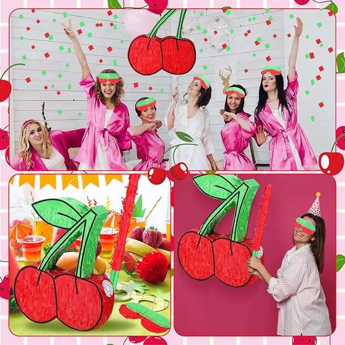 Set of 3 Cherry Piñata Party Decorations She's Ready to Pop Baby Shower Game Supplies Red Piñata Coquette Party Game Set with Stick Eye Mask