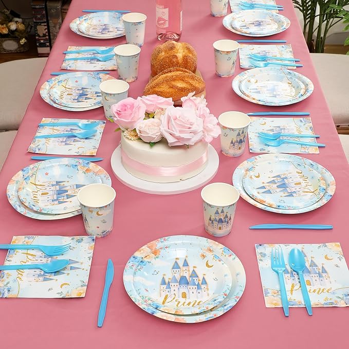 Meanplan 168 Pcs Prince Princess Party Decorations Blue Castle Plates Napkins Cups Fork Spoon Knives Disposable Tableware Set for Girl Boy Baby Shower Birthday Party Supplies Serves 24 Guest
