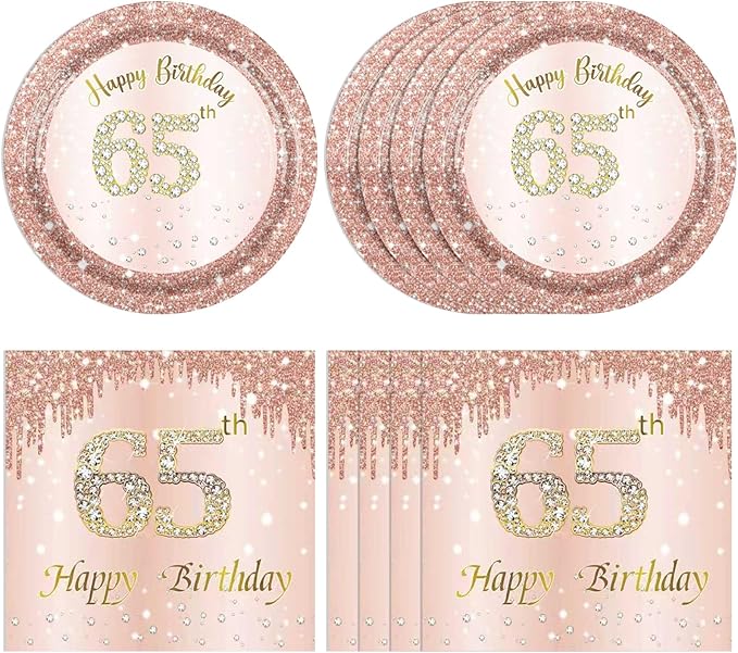 65th Birthday Decorations for Women Rose Gold 65th Birthday Party Paper Plates and Napkins 65 Years Old Table Decorations Happy Sixty-five Years Old Tableware for Woman Vintage 1961 65 Years Party