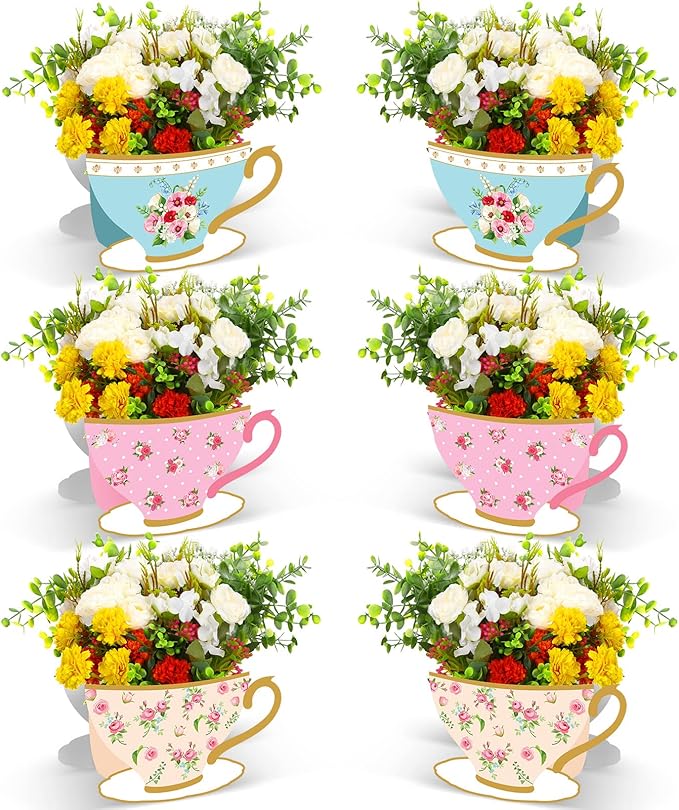 Yinder 6 Pcs Tea Party Decorations Princess Party Flower Boxes Centerpiece Floral Teapot Centerpiece for Floral Tea Themed Birthday Wedding Supplies(Fresh Tea Cup)
