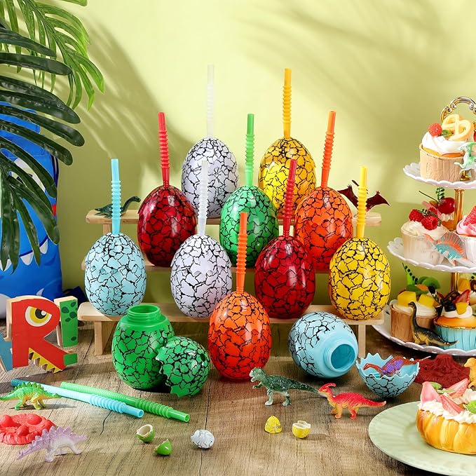 Maxcheck 12 Set Dinosaur Party Favor Cups with Lids and Straws Dino Cups for Kids 10 oz Crack Dinosaur Egg Bottles for Dino Theme Birthday Party Supplies Decorations