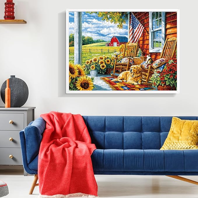 300 Piece Puzzles for Adults,Farm Country Life Puzzles for Adults Children Seniors,Sunflowers Dog Jigsaw Puzzles for Kids Ages 8-10 10-12,Landscape Puzzle Letter on Back, Family Puzzle Game,20.5*15in