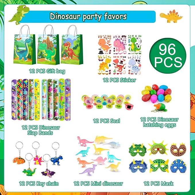 Dinosaur Birthday Party Decorations Kit, 96pcs Dinosaur Party Favor Bags Fillers Stamps Keychains Dino Stickers etc for Dinosaur Birthday Supplies