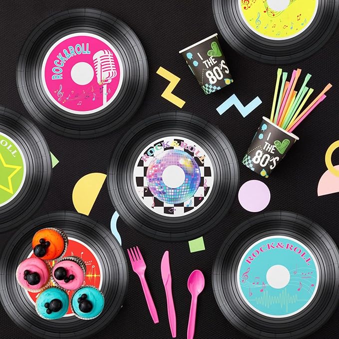 60 Pcs Rock Record CD Plates - 9 inch 1950's Retro Record Disco Plates for Rock Music Birthday Supplies Disco Birthday Party Decorations