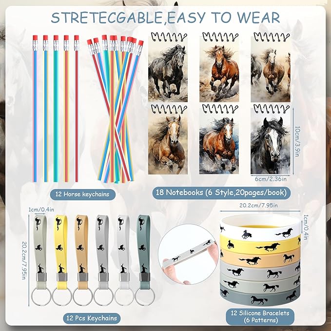 114 Pcs Horse Themed Party Favor Supplies with Drawstring Bag Mini Figurines Keychain Silicone Bracelets Badges Puzzle Stickers Notepads Soft Pencils for Horses Birthday Party Decoration