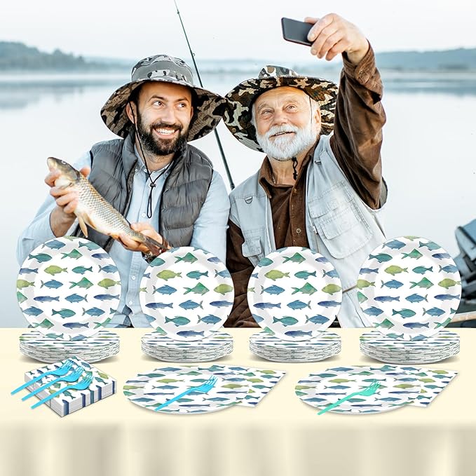 96Pcs Gone Fishing Party Paper Plates and Napkins Sea Ocean Fish Birthday Supplies Little Fisherman Tableware for 24 Guests for Summer Wedding Ofishally One Fishing Birthday Gatherings Decorations