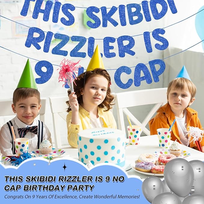 Fulmoon Pre Strung This Skibidi Rizzler Is 9 No Cap Glitter Banner 9th Birthday Party Decorations, Funny Birthday Sign, Party Supplies, Ideas, Gifts, Dark Blue