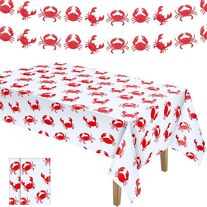 Juexica 4 Pcs Crab Boil Party Decorations 54 x 108 Inch Plastic Crab Table Cloth and 5.91 Ft Banners for Seafood Boil Party Supplies Crawfish Feast Birthday Ceiling Decorations Table Centerpiece