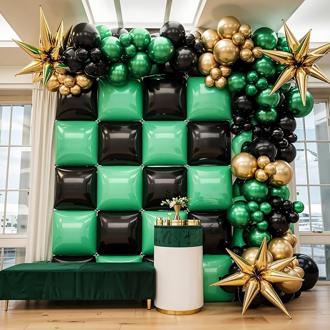 Black Green Square Foil Balloon Wall,25Pcs Double Sided Foil Balloons Backdrop Helium Tunnel Arch Garland Kit for Birthday Gradution Anniversary Baby Shower Party Decorations