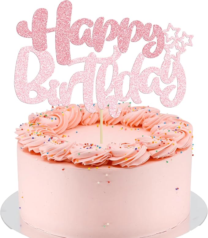 Ephlyn 1Pcs Happy Birthday Cake Topper Glitter Happy Birthday Cake Pick Decorations for Celebrating Happy Birthday Anniversary Theme Party Cake Decorations Supplies Pink Light Pink