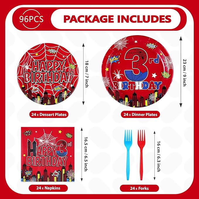 96Pcs Spider 3rd Birthday Decorations for Boys Super Theme Hero 3rd Birthday Plates and Napkins Blue Red Spider Three Year Old Decoration Favors for Kids 3 Year Old Party Supplies Serves 24