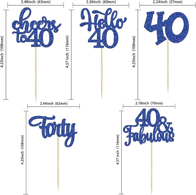30pcs Happy 40th Birthday Cupcake Toppers - Deep Blue Glitter Forty Cheers to 40 Years Old Cupcake Picks for Anniversary Party Cake Decorations