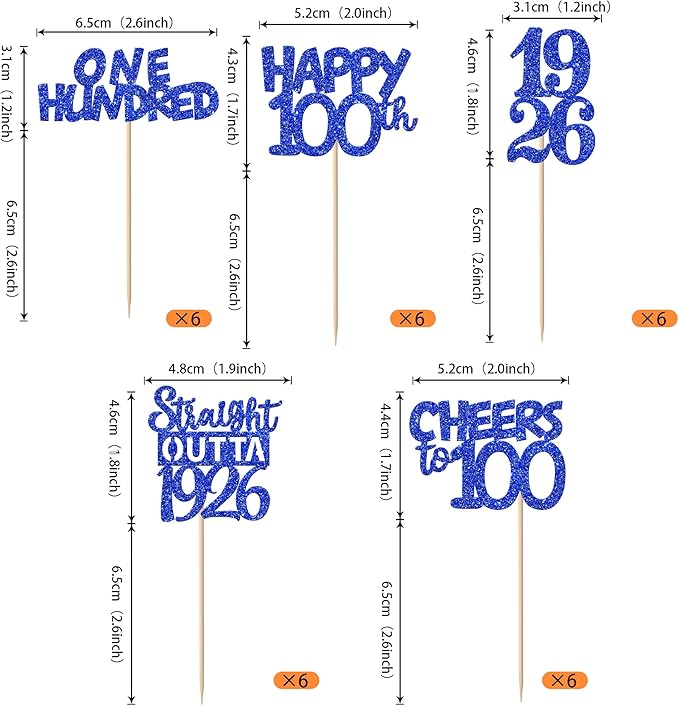 30 PCS 100th Birthday Cupcake Toppers Glitter One Hundred Happy 100 Straight Outta 1926 Cupcake Picks for Cheers to 100 Fabulous 100th Birthday Anniversary Party Cake Decorations Supplier Blue