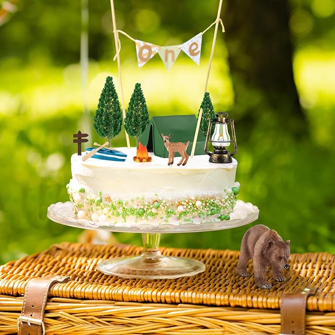 Hooqict 12 Pcs Camping Cake Decorations Set with Mini Tent, Campfire, Tree, Camp Sign, Safari Animals Camping Cake Toppers for Kids Adults Forest Themed Birthday Party Supplies