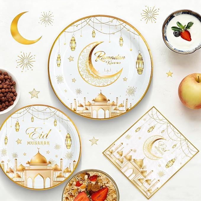 180pcs Ramadan Eid Mubarak Party Supplies,Eid Mubarak Plates and Napkins Set,for Ramadan Party Decorations, Serve 60 Guest