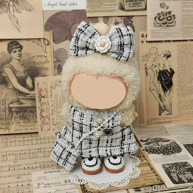 Clothes Compatible with LABUBU Doll – 4PCS Elegant Tweed Set, 17cm Doll Clothes Designer Outfit for Classic Monochrome Theme, Chic Stylish Accessories for Labubu, No Doll (Coco White Check)