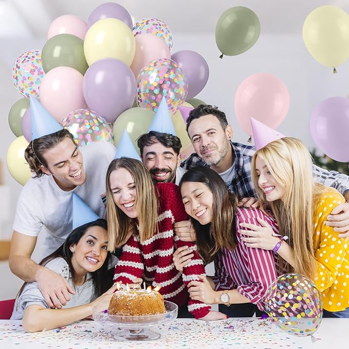 Pastel Balloons, 50Pcs 12 Inches Dusty Mist Green Macaron Purple Pink Yellow Balloon with Confetti Latex Balloons for Baby Shower Birthday Wedding Spring Flower Party Decoration