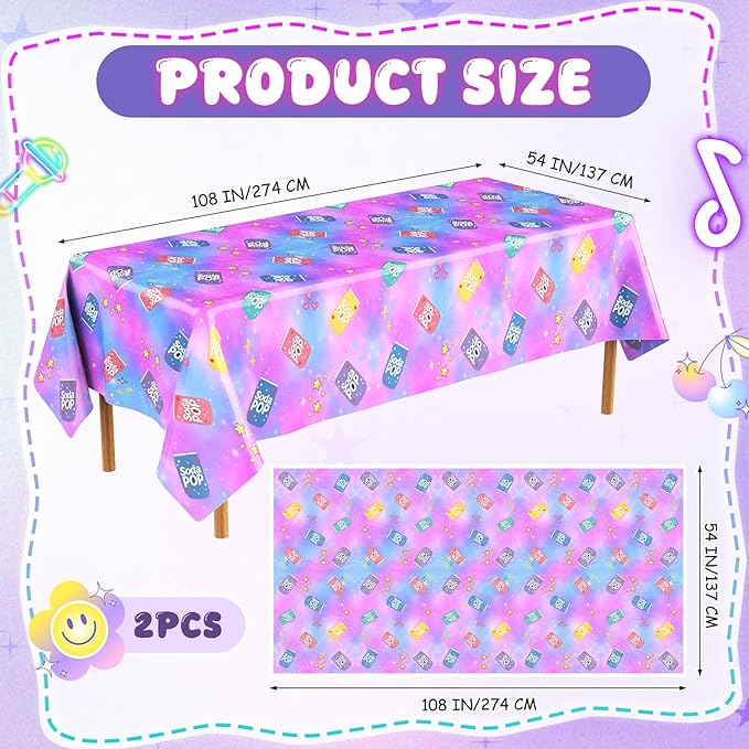 2 Pcs Birthday Party Decorations Plastic Cute Birthday Tablecloth 108 x 54 Inches Disposable Rectangle Tablecover for Boys Girls Kids Baby Shower Party Supplies (Soda Pop)
