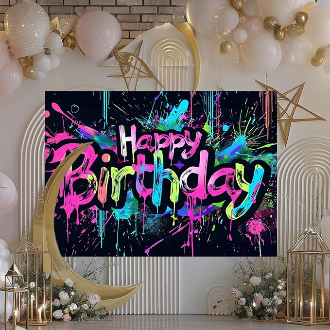 Neon Happy Birthday Banner 84x60 Inch Photography Backdrops Party Background Decorations Colorful Graffiti Splash Paint Kids Birthday Supplies Glow in The Dark