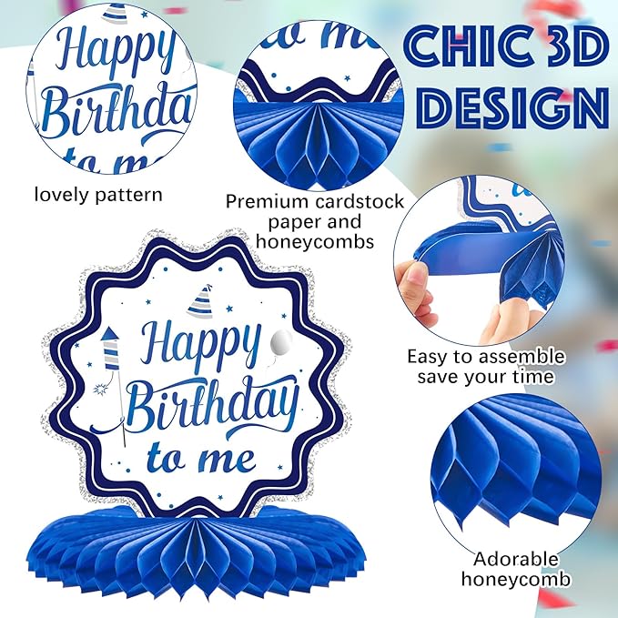 Clabby 12 Pieces Birthday Table Decorations Blue Honeycomb Centerpieces for Table Decor Cute Birthday Honeycomb Topper for Women Men Anniversary Theme Party Supplies Photo Props