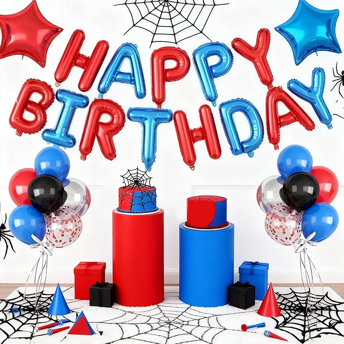 29PC Blue and Red Happy Birthday Balloon Banner, 16Inch 3D Aluminum Letter Banner Sign, Red Blue and Silver Balloons 18 Inch Star Foil Balloon for Women, Men Party Supply