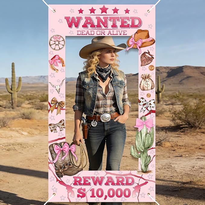 Pink Cowgirl Banner Backdrop - 72x39 Inch Cowgirl Photo Prop with Rope, Western Pink Bow Cowgirl Party Decor for Cowboy Themed Party Decorations, Baby Shower and Bachelorette Birthday Party Supplies