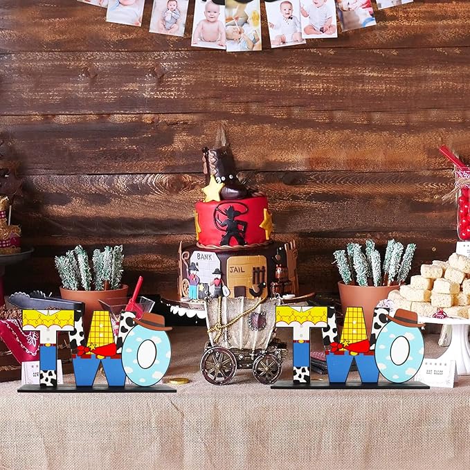 Cowboy Letter Two Sign Table Centerpieces for Toy Theme,2nd Birthday Decorations for Boys,Cartoon Theme Two Year Old Birthday Supplies Favors,Toy Party Decorations Photo Booth Props(2 Set)