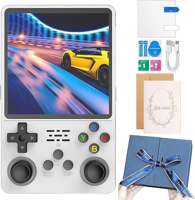 HatiLuminis R36plus Handheld Retro Game Console 4.0-inch IPS Screen,Preloaded with Classic Games,Portable Pocket Video Gaming with Valentine's Card & Premium Gift Box (White)