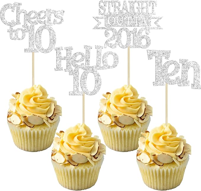 Ephlyn 24Pcs Happy 10th Birthday Cupcake Toppers Glitter Ten Cupcake Picks Hello 10 Cheers to 10 Years Cake Decorations for 10th Birthday Anniversary Party Decorations Supplies Silver