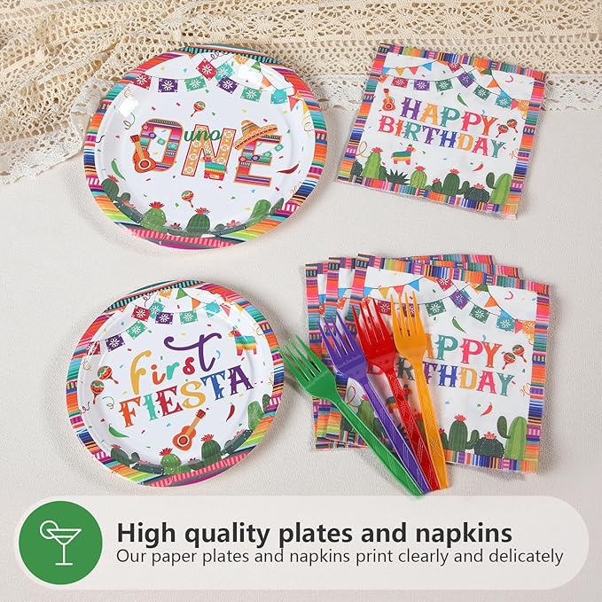 96Pcs First Fiesta Birthday Decorations Mexican Fiesta 1st Birthday Plates and Napkins Tableware Sets Mexico Cinco De Mayo Decorations for Boys Girls Cactus Taco Bout One Year Old Party Serves 24