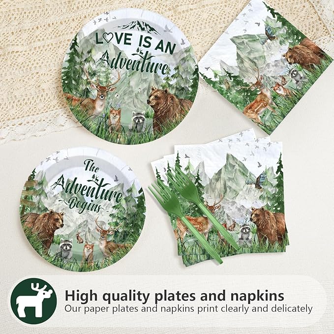 96Pcs Woodland Bridal Shower Decorations The Adventure Begins Plates and Napkins Forest Theme Tableware Set for Girls Women Woodland Bridal Shower Engagement Wedding Party Supplies Serves 24