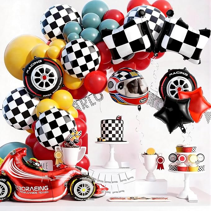 Race Car Balloons 10 pcs Tire Wheel Balloons Chequered Flag Balloons Helmet Tyre Racing Balloon Race Car Birthday Party Decorations