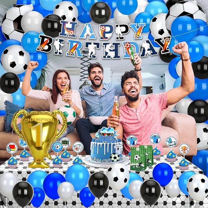 Soccer Birthday Party Decorations, 131PCS Blue Soccer Birthday Party Supplies Including Tablecloth Backdrop Banner Cake Topper Latex Balloons Foil Balloons Decorations Kit for Sport Ball Theme